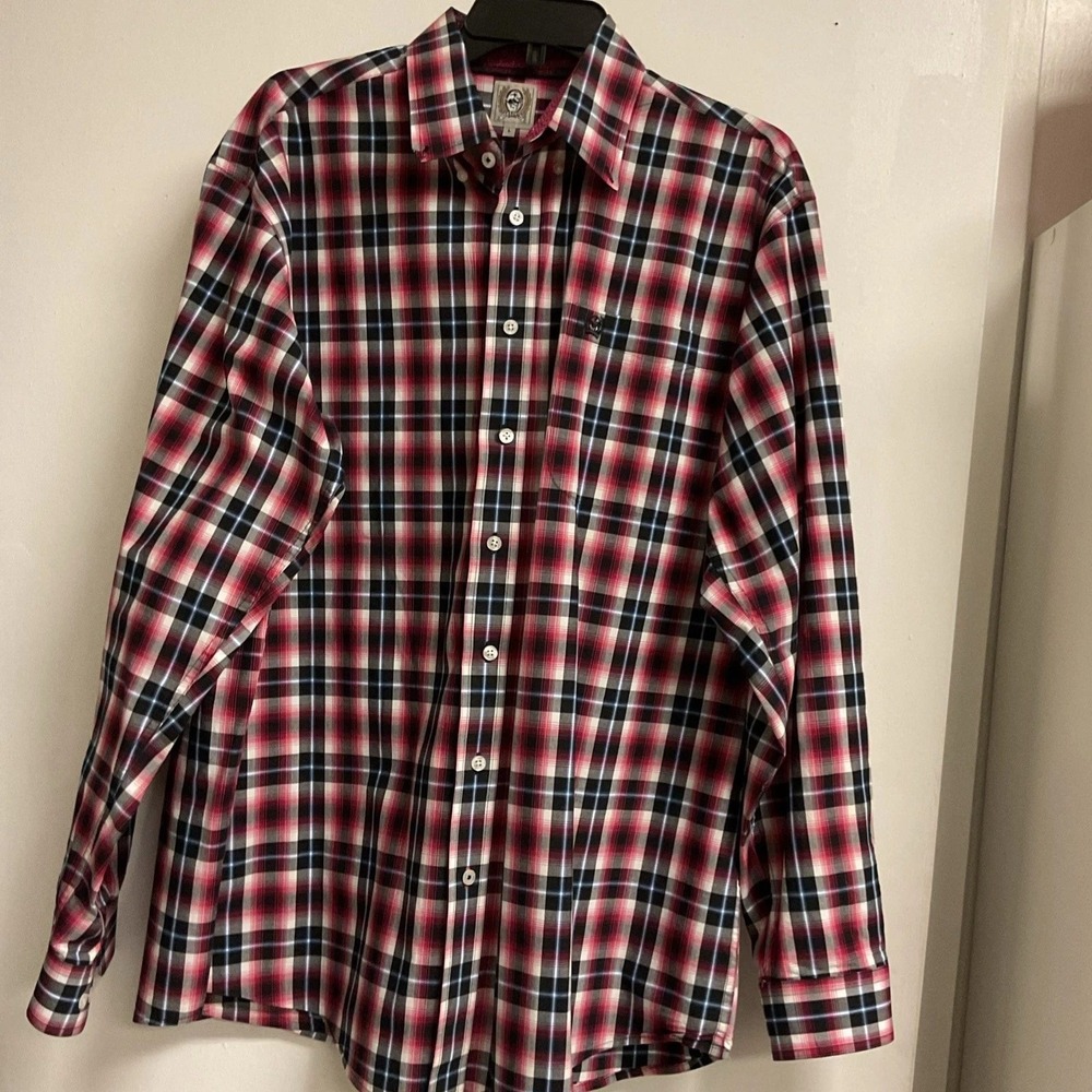 Cinch Men's Red‎ Black Plaid Long Sleeve Button Down Western Shirt SIZE Large